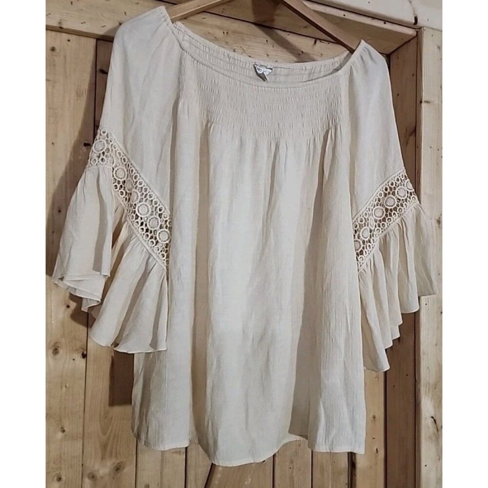 Cato Trumpet Sleeve Smocked Blouse Womens M Cream 3/4 Sleeve Boho Lace Off Shoul